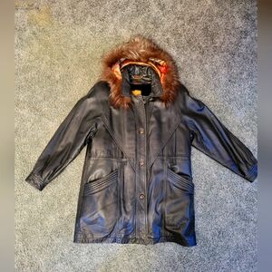 Black Leather Coat with Fur Hood